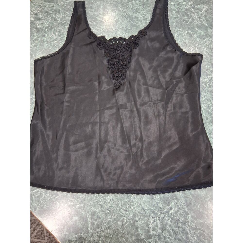 Vintage Black Satin Lace Trimmed Cami Tank Heather Nicole Sz XL Delicate Retro
